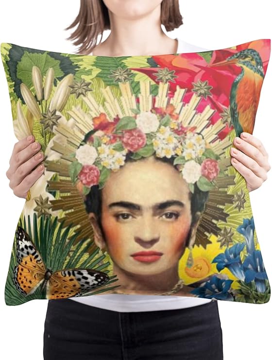 JUNGLE ART Cojin Almohada | Frida Kahlo Flores Personaje Mexicano | con Relleno Decorativo Poliester Suave Hogar | Listo para Usar Diseño Artistico Durable | (con Relleno 45x45cm).
