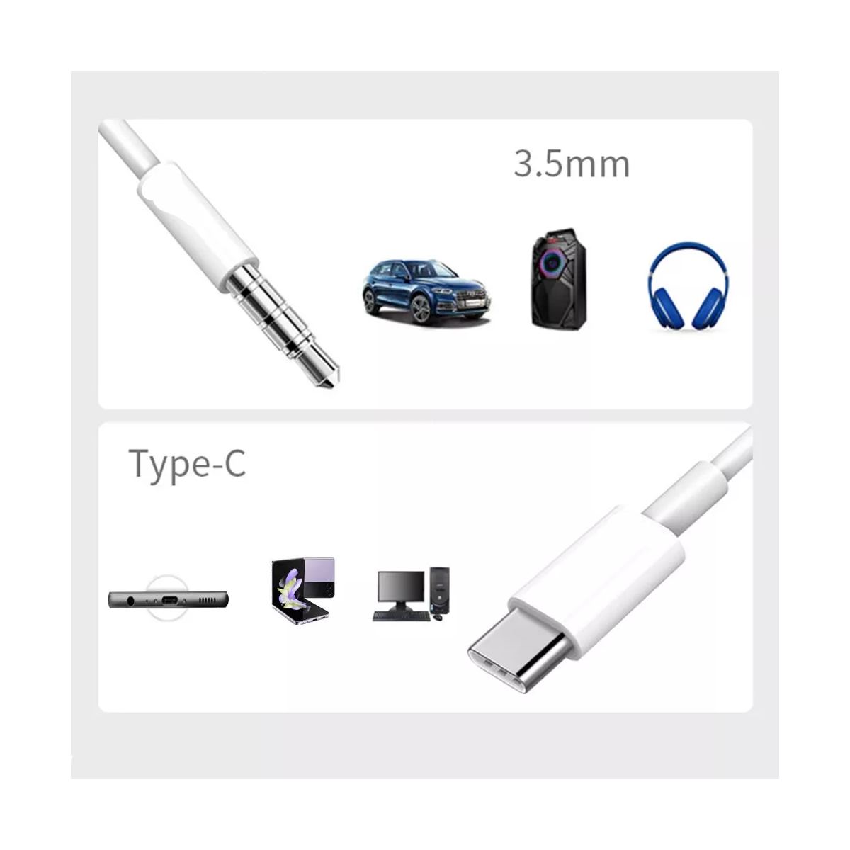 Cable Auxiliar Tipo C A Audio Estéreo 3.5mm Audífonos Coche.