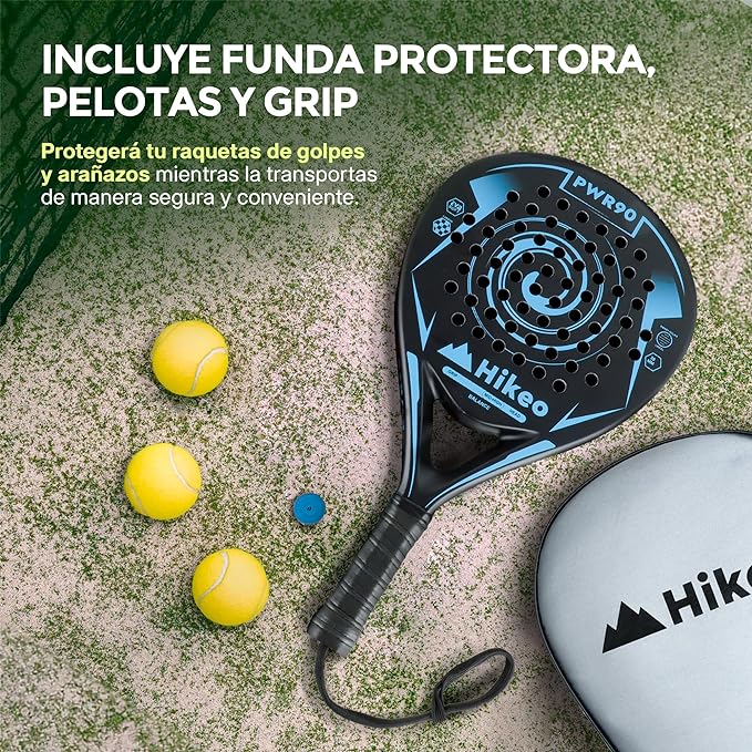 A Hikeo Pala de Pádel con Funda, 3 Pelotas y Grip, Kit de Raqueta para Pádel Fabricada con Espuma EVA Flexible y 100% Fibra de Carbono, Resistente y Ligera, para Principiantes e Intermedios.