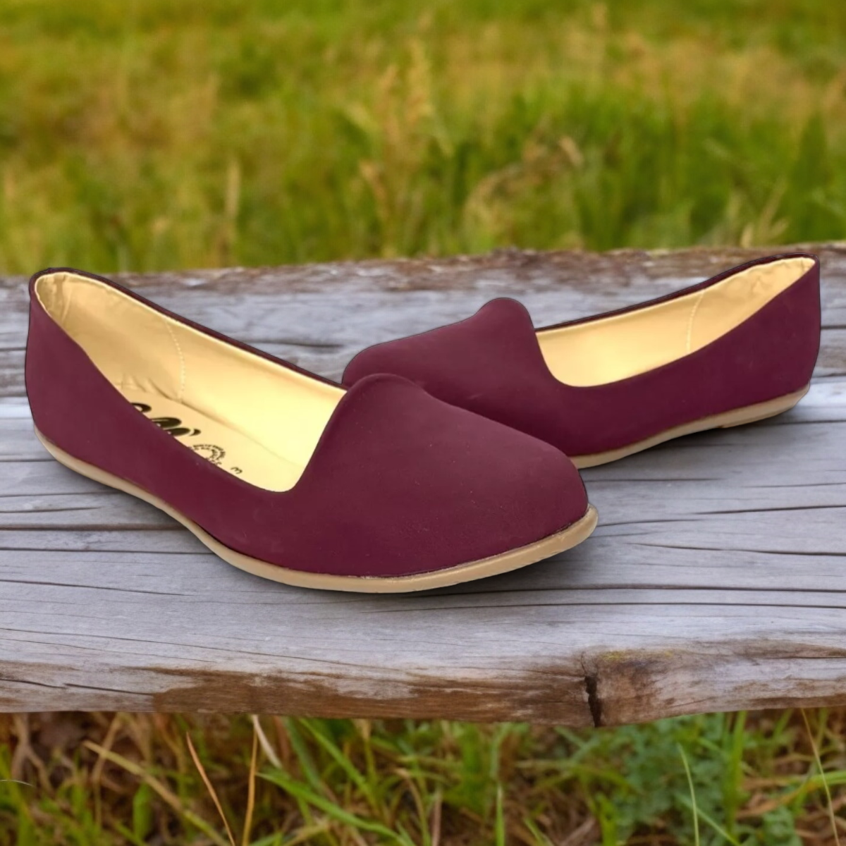 Zapatos De Piso Punta Redonda Mujer Tinto Piel Durazno Flats LAS CUATAS.
