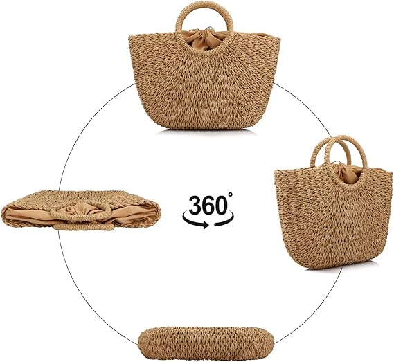 A Bolso de playa de verano para mujer, bolso de paja con asa superior, gran capacidad, tela a mano, bolsa grande, Marrón, Talla unica.