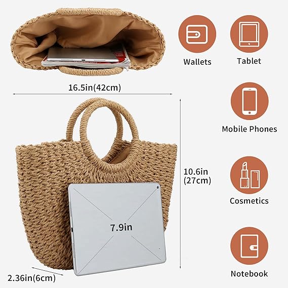 A Bolso de playa de verano para mujer, bolso de paja con asa superior, gran capacidad, tela a mano, bolsa grande, Marrón, Talla unica.
