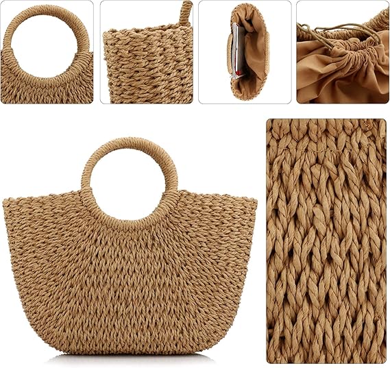 A Bolso de playa de verano para mujer, bolso de paja con asa superior, gran capacidad, tela a mano, bolsa grande, Marrón, Talla unica.