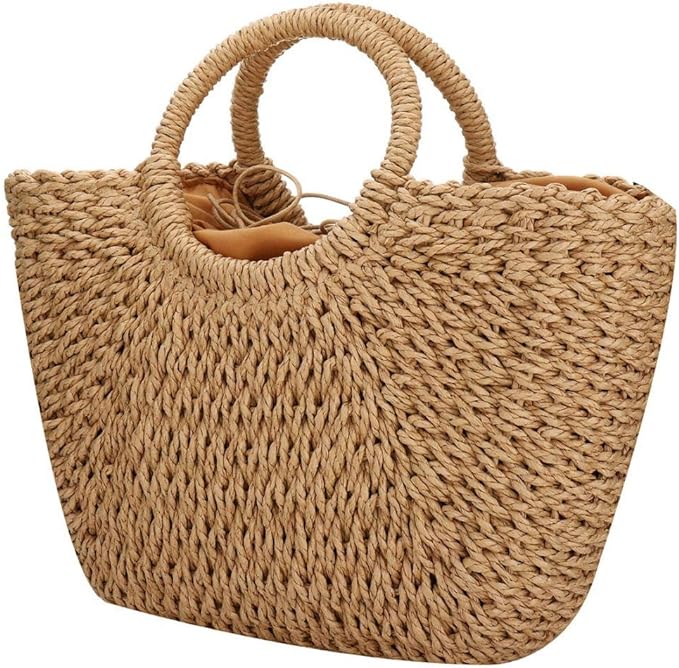 A Bolso de playa de verano para mujer, bolso de paja con asa superior, gran capacidad, tela a mano, bolsa grande, Marrón, Talla unica.