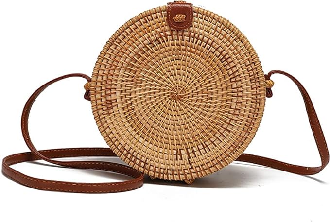 A Bolsa de ratán redonda tejida a mano para mujer con correa de piel, bolso cruzado de paja, Marrón.
