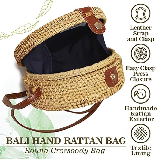 A Bolsa de ratán redonda tejida a mano para mujer con correa de piel, bolso cruzado de paja, Marrón.