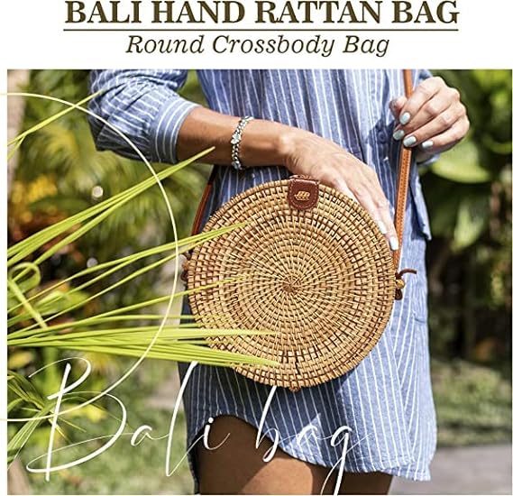 A Bolsa de ratán redonda tejida a mano para mujer con correa de piel, bolso cruzado de paja, Marrón.