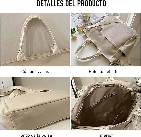 A Tote Bag Mujer, RENDIN Bolsa Tote Mujer Bolsa Bandolera para Mujer,Bolsa Lona Mujer Bolsa Cruzada Bolsa de Mano,Bolso Casual de Viaje con Cremallera y Bolso de Hombro.