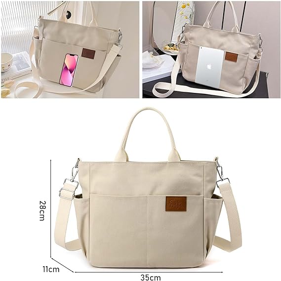 A Tote Bag Mujer, RENDIN Bolsa Tote Mujer Bolsa Bandolera para Mujer,Bolsa Lona Mujer Bolsa Cruzada Bolsa de Mano,Bolso Casual de Viaje con Cremallera y Bolso de Hombro.