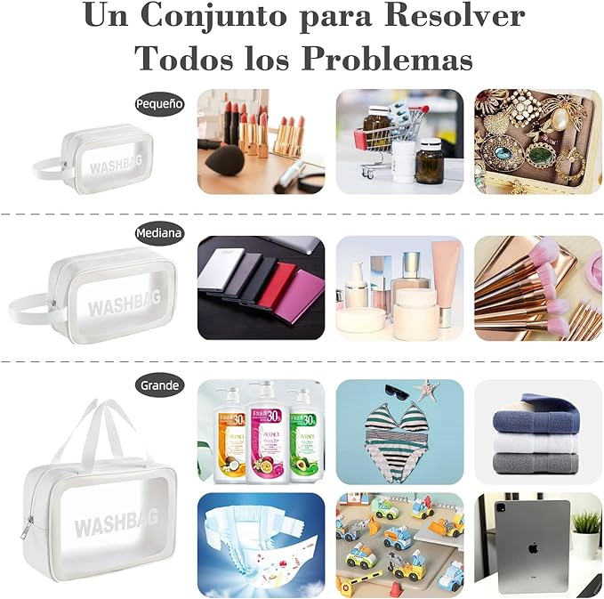 A 3 Bolsas de Maquillaje Impermeable, Neceser de Viaje para Mujer y Hombre, Cosmetiquera para Maquillaje Transparente, Bolsa para Baño Portatil y Gran Capacidad, Separación en Seco y Húmedo(Blanco).