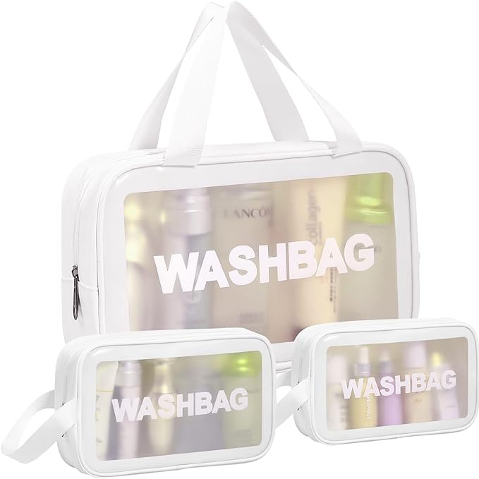 A 3 Bolsas de Maquillaje Impermeable, Neceser de Viaje para Mujer y Hombre, Cosmetiquera para Maquillaje Transparente, Bolsa para Baño Portatil y Gran Capacidad, Separación en Seco y Húmedo(Blanco).