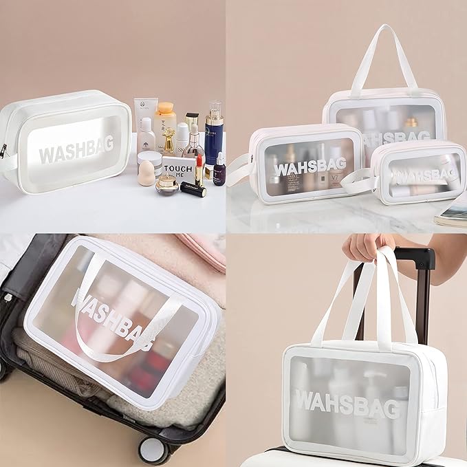A 3 Bolsas de Maquillaje Impermeable, Neceser de Viaje para Mujer y Hombre, Cosmetiquera para Maquillaje Transparente, Bolsa para Baño Portatil y Gran Capacidad, Separación en Seco y Húmedo(Blanco).