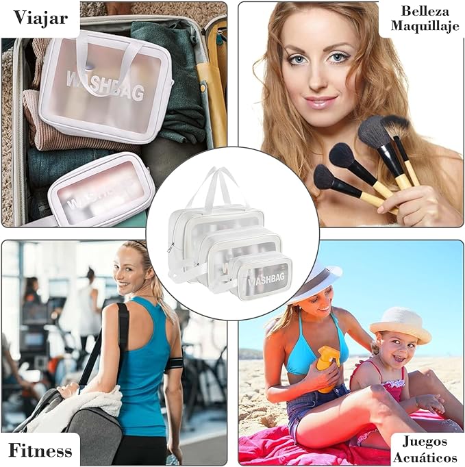A 3 Bolsas de Maquillaje Impermeable, Neceser de Viaje para Mujer y Hombre, Cosmetiquera para Maquillaje Transparente, Bolsa para Baño Portatil y Gran Capacidad, Separación en Seco y Húmedo(Blanco).