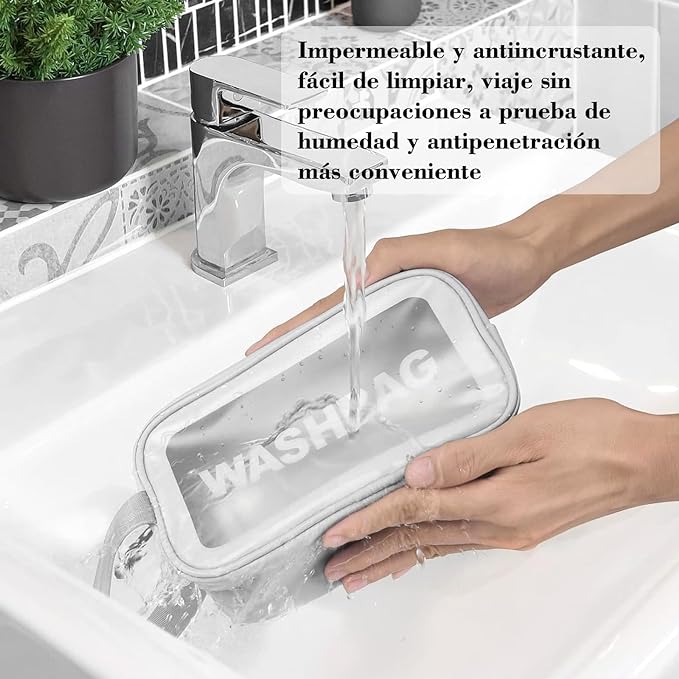 A 3 Bolsas de Maquillaje Impermeable, Neceser de Viaje para Mujer y Hombre, Cosmetiquera para Maquillaje Transparente, Bolsa para Baño Portatil y Gran Capacidad, Separación en Seco y Húmedo(Blanco).