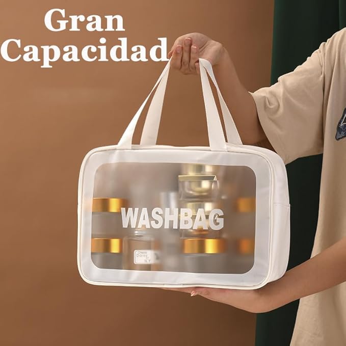 A 3 Bolsas de Maquillaje Impermeable, Neceser de Viaje para Mujer y Hombre, Cosmetiquera para Maquillaje Transparente, Bolsa para Baño Portatil y Gran Capacidad, Separación en Seco y Húmedo(Blanco).