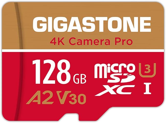 Gigastone - Tarjeta micro SD de 128 GB A1 V30 U3 C10 Clase 10 Tarjeta de memoria micro SDXC UHS-I con adaptador microSD a SD Cámara de vídeo 4K Ultra HD de alta velocidad Canon.