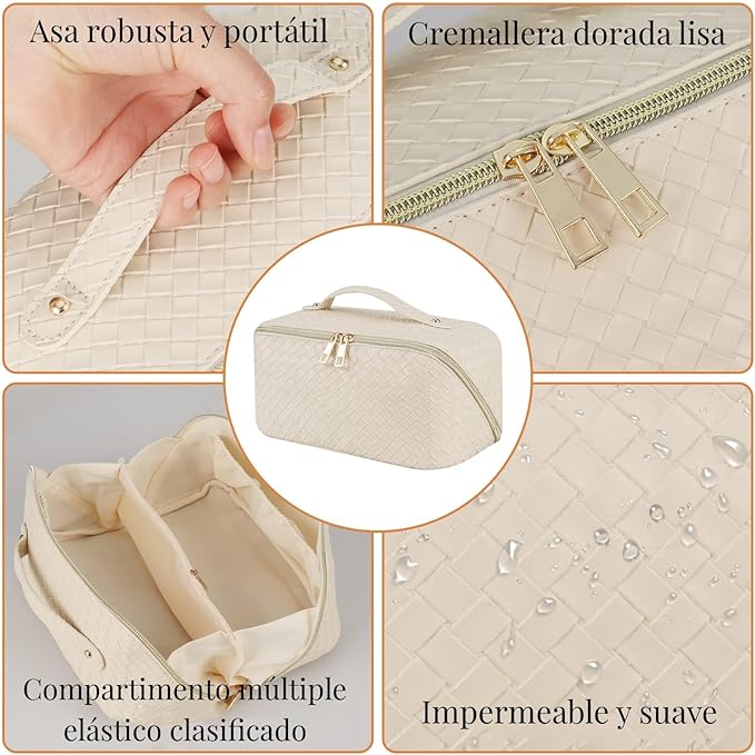 A Cosmetiquera de Viaje de Gran Capacidad - Bolsa de Maquillaje de Cuero PU Impermeable con Asa y Separadores, Bolsa Organizadora de Cosmeticos, Neceser de Viaje para Mujer Portátil (Blanco).