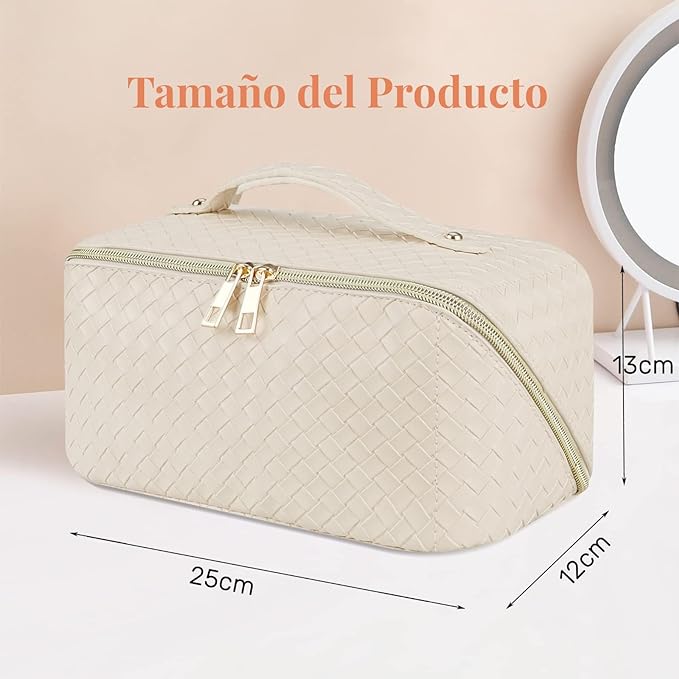 A Cosmetiquera de Viaje de Gran Capacidad - Bolsa de Maquillaje de Cuero PU Impermeable con Asa y Separadores, Bolsa Organizadora de Cosmeticos, Neceser de Viaje para Mujer Portátil (Blanco).