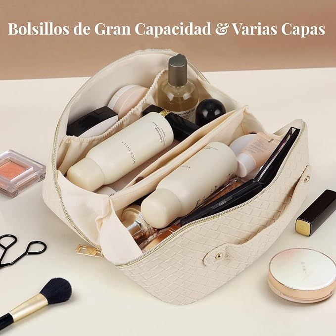A Cosmetiquera de Viaje de Gran Capacidad - Bolsa de Maquillaje de Cuero PU Impermeable con Asa y Separadores, Bolsa Organizadora de Cosmeticos, Neceser de Viaje para Mujer Portátil (Blanco).