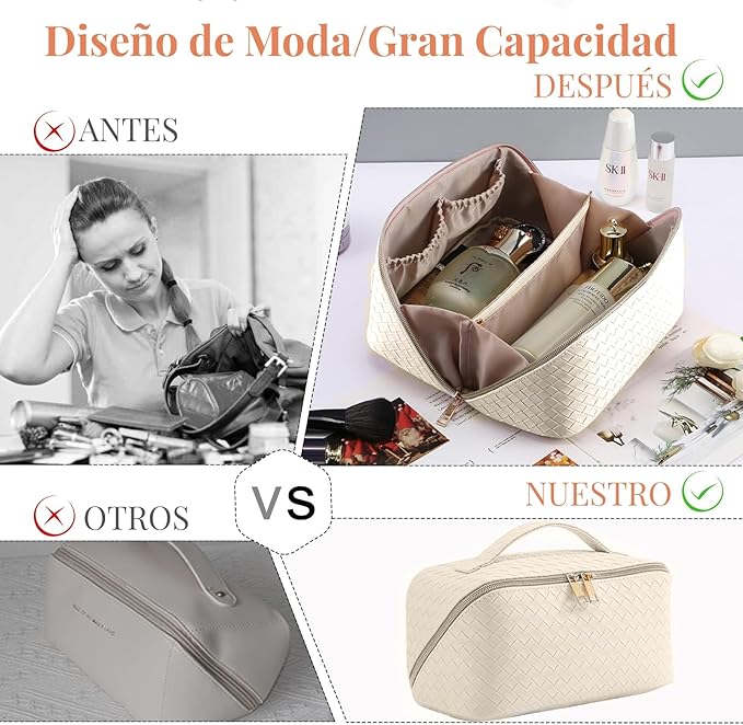 A Cosmetiquera de Viaje de Gran Capacidad - Bolsa de Maquillaje de Cuero PU Impermeable con Asa y Separadores, Bolsa Organizadora de Cosmeticos, Neceser de Viaje para Mujer Portátil (Blanco).
