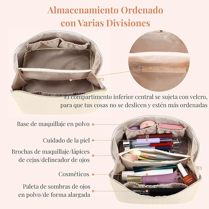 A Cosmetiquera de Viaje de Gran Capacidad - Bolsa de Maquillaje de Cuero PU Impermeable con Asa y Separadores, Bolsa Organizadora de Cosmeticos, Neceser de Viaje para Mujer Portátil (Blanco).
