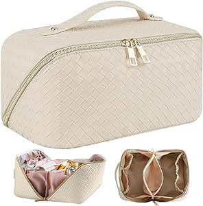 A Cosmetiquera de Viaje de Gran Capacidad - Bolsa de Maquillaje de Cuero PU Impermeable con Asa y Separadores, Bolsa Organizadora de Cosmeticos, Neceser de Viaje para Mujer Portátil (Blanco).