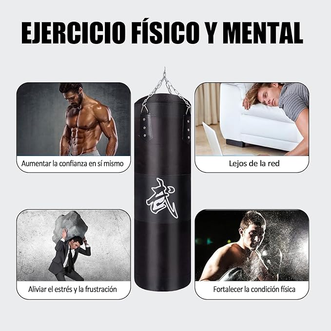 A Costal de Boxeo 120cm, Saco de Box de 3 Piezas, con Cadena, Gancho. Saco de Boxeo, Kit de Boxeo diseñado para MMA, Kickboxing, Muay Thai, Karate, Gimnasio en Casa.