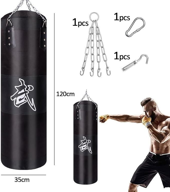 A Costal de Boxeo 120cm, Saco de Box de 3 Piezas, con Cadena, Gancho. Saco de Boxeo, Kit de Boxeo diseñado para MMA, Kickboxing, Muay Thai, Karate, Gimnasio en Casa.