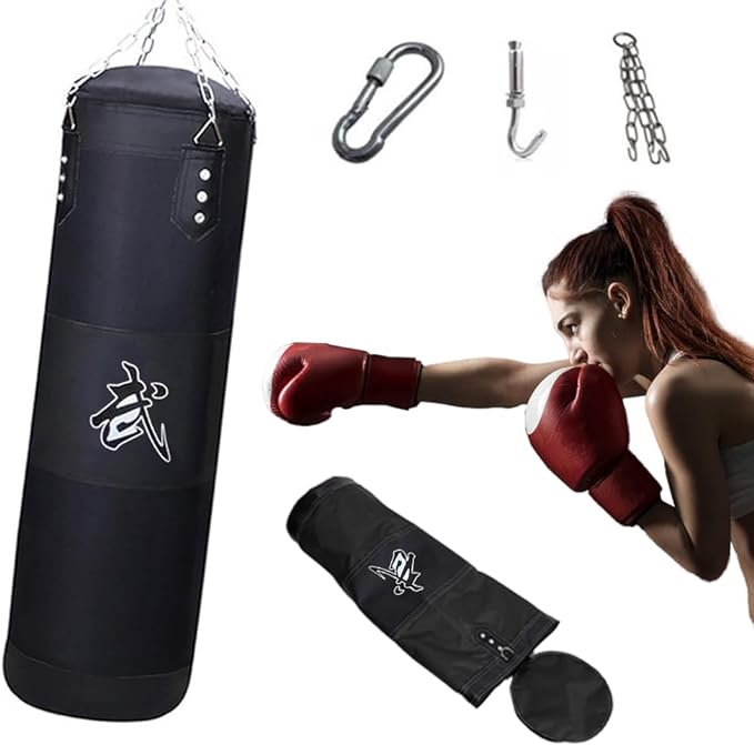 A Costal de Boxeo 120cm, Saco de Box de 3 Piezas, con Cadena, Gancho. Saco de Boxeo, Kit de Boxeo diseñado para MMA, Kickboxing, Muay Thai, Karate, Gimnasio en Casa.