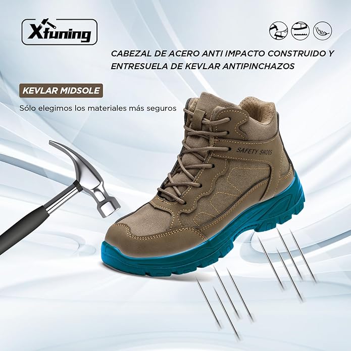 XFUNING Tenis de Seguridad Industrial para Hombres, Botas de Trabajo con Casquillo y Kevlar, Zapatos de Construcción Indestructibles, Anti-Pinchazos, Antideslizante.
