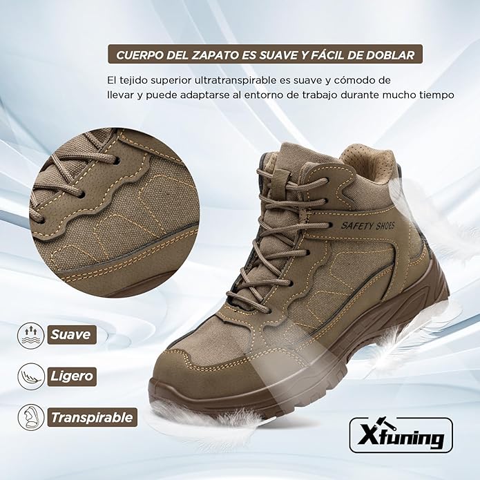 XFUNING Tenis de Seguridad Industrial para Hombres, Botas de Trabajo con Casquillo y Kevlar, Zapatos de Construcción Indestructibles, Anti-Pinchazos, Antideslizante.