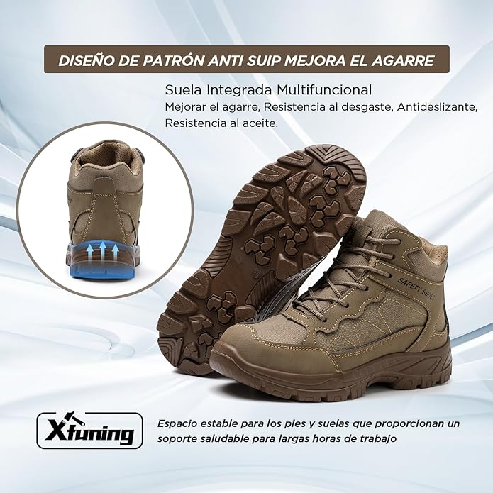 XFUNING Tenis de Seguridad Industrial para Hombres, Botas de Trabajo con Casquillo y Kevlar, Zapatos de Construcción Indestructibles, Anti-Pinchazos, Antideslizante.