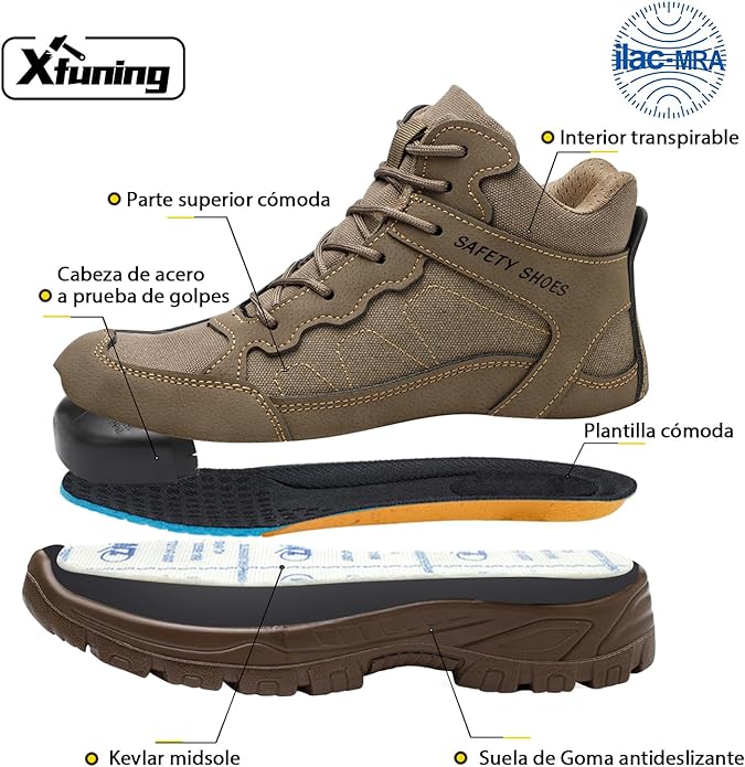 XFUNING Tenis de Seguridad Industrial para Hombres, Botas de Trabajo con Casquillo y Kevlar, Zapatos de Construcción Indestructibles, Anti-Pinchazos, Antideslizante.