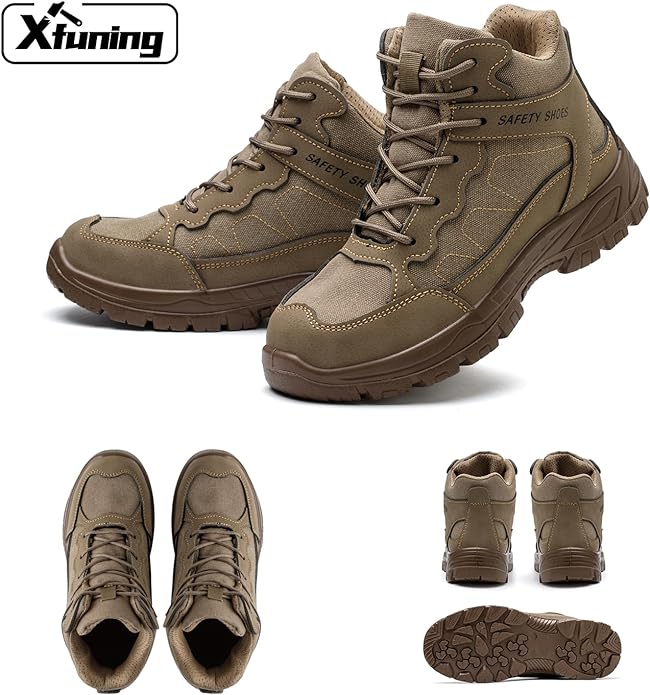 XFUNING Tenis de Seguridad Industrial para Hombres, Botas de Trabajo con Casquillo y Kevlar, Zapatos de Construcción Indestructibles, Anti-Pinchazos, Antideslizante.