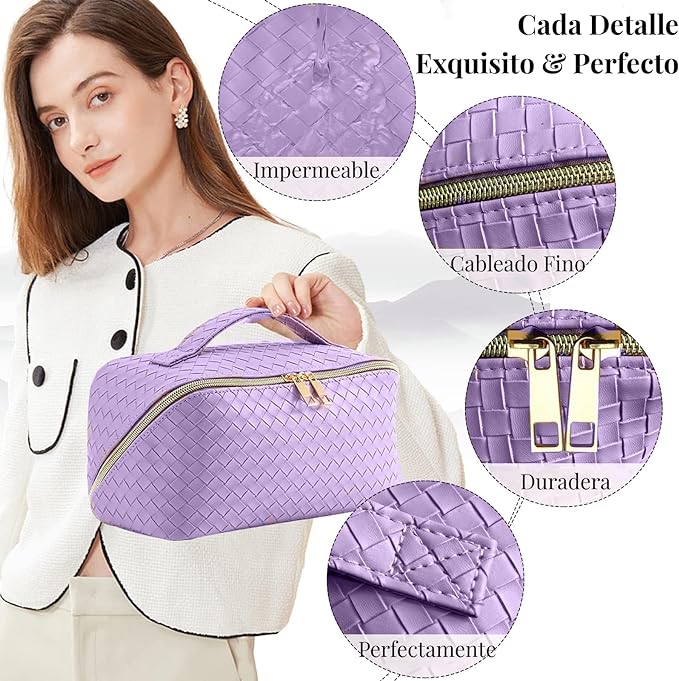 A Cosmetiquera de Viaje de Gran Capacidad - Bolsa de Maquillaje de Cuero PU Impermeable con Asa y Separadores, Bolsa Organizadora de Cosmeticos, Neceser de Viaje para Mujer Portátil (Morado).