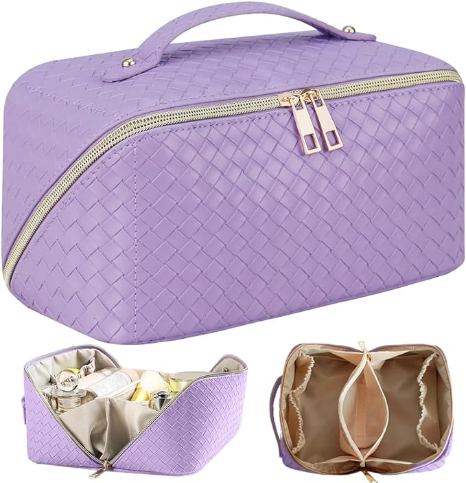 A Cosmetiquera de Viaje de Gran Capacidad - Bolsa de Maquillaje de Cuero PU Impermeable con Asa y Separadores, Bolsa Organizadora de Cosmeticos, Neceser de Viaje para Mujer Portátil (Morado).