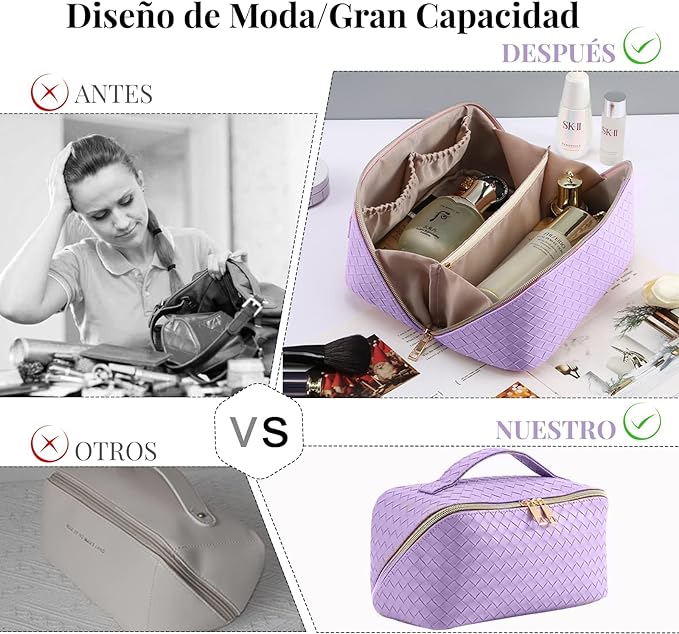 A Cosmetiquera de Viaje de Gran Capacidad - Bolsa de Maquillaje de Cuero PU Impermeable con Asa y Separadores, Bolsa Organizadora de Cosmeticos, Neceser de Viaje para Mujer Portátil (Morado).