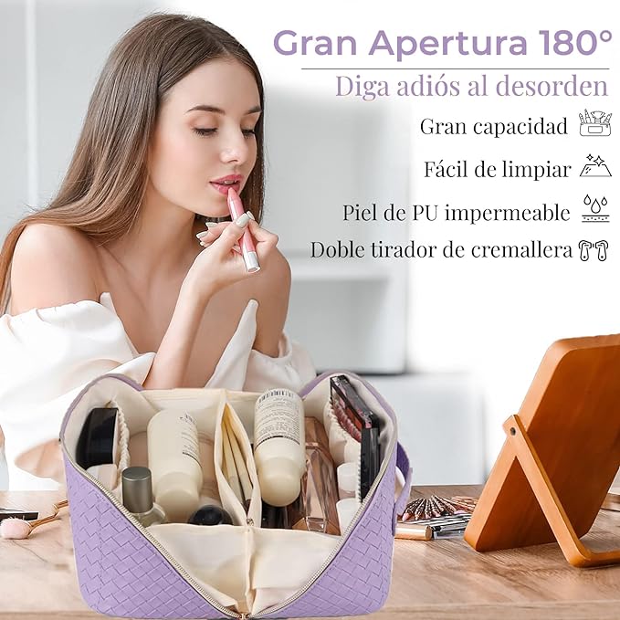 A Cosmetiquera de Viaje de Gran Capacidad - Bolsa de Maquillaje de Cuero PU Impermeable con Asa y Separadores, Bolsa Organizadora de Cosmeticos, Neceser de Viaje para Mujer Portátil (Morado).