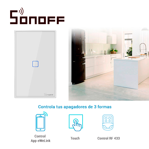 APAGADOR DE PARED TOUCH ON/OFF SONOFF T2US1C SMART INALAMBRICO WIFI PARA SOLUCION DE SMART HOME CON TEMPORIZADOR PARA IOS Y ANDROID COMPATIBLE CON ALEXA/GOOGLE HOME/IFTTT 1CH WIFI 2.4GHZ RF 433 HASTA 2AMP
