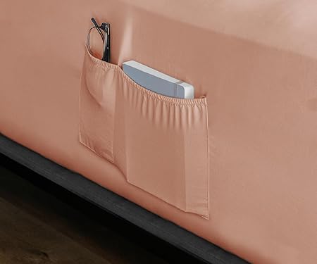 A Almaya: Sabana de Cajon con Bolsillo - 100% Microfibra Suave de Lujo con Doble Cepillado - 1800 Hilos de Alta Calidad - Permite Guardar y Acceder a pequeños Accesorios (Salmón, Matrimonial).