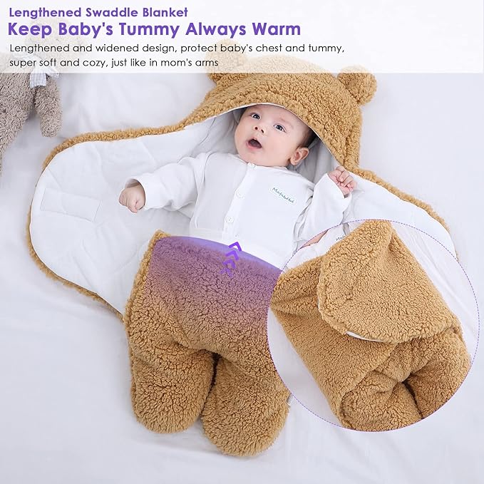 A Josopa Manta de Felpa para bebé recién Nacido, Manta de recepción Suave con Capucha, Saco de Dormir para niñas de 0 a 6 Meses, Color Caqui.