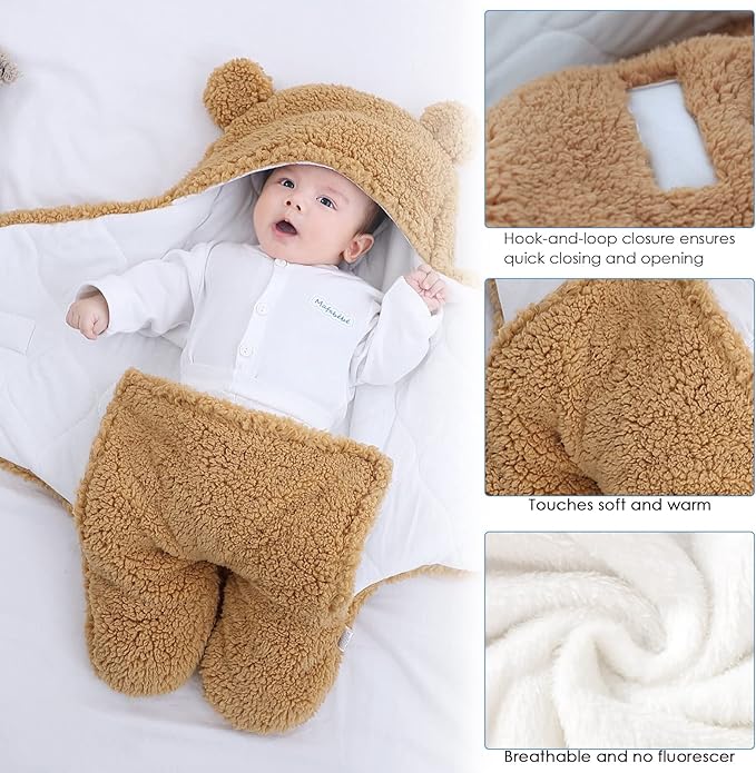 A Josopa Manta de Felpa para bebé recién Nacido, Manta de recepción Suave con Capucha, Saco de Dormir para niñas de 0 a 6 Meses, Color Caqui.