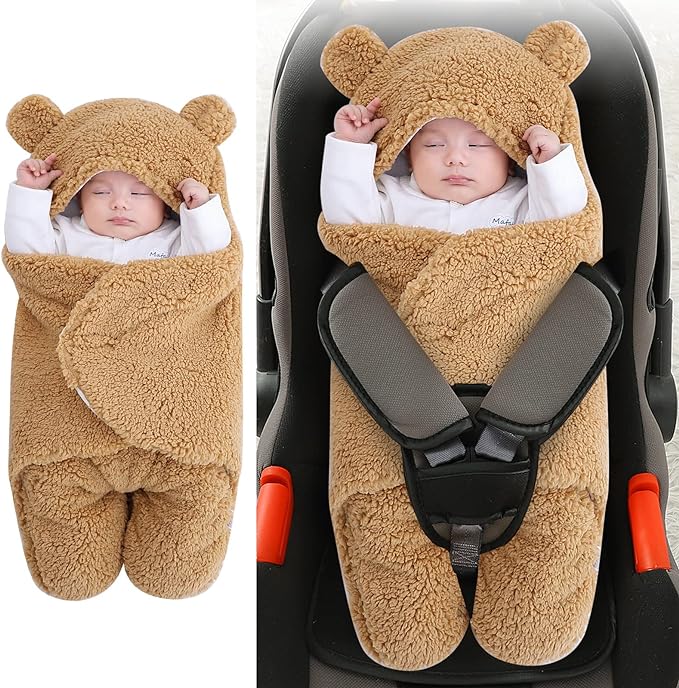 A Josopa Manta de Felpa para bebé recién Nacido, Manta de recepción Suave con Capucha, Saco de Dormir para niñas de 0 a 6 Meses, Color Caqui.