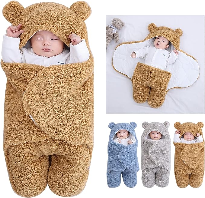 A Josopa Manta de Felpa para bebé recién Nacido, Manta de recepción Suave con Capucha, Saco de Dormir para niñas de 0 a 6 Meses, Color Caqui.