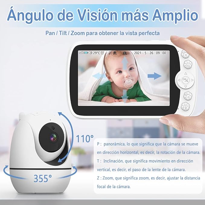 A EASYTAO Monitor Bebé 1080P, con 5'' HD Mostrar Video Monitor Remoto, Audio Bidireccional, Vigilancia de Temperatura, Canciones de Cuna, Visión Nocturna, Modo VOX.