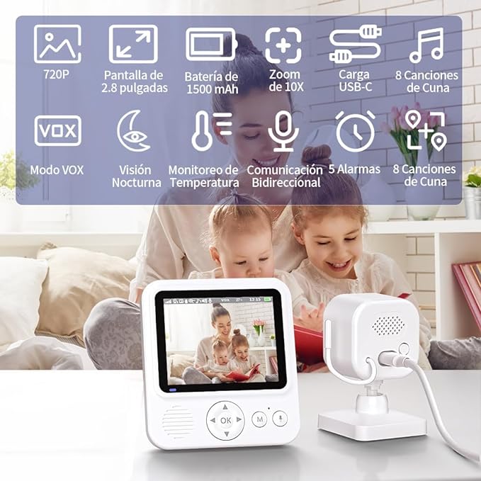 A vantisan Monitor Bebé, 2.8''HD Monitor con Camara para Bebe Portable Screen, Visión Nocturna Infrarroja, Monitoreo de Temperatura, Comunicación bidireccional, Canciones de Cuna y Encriptación Digital.