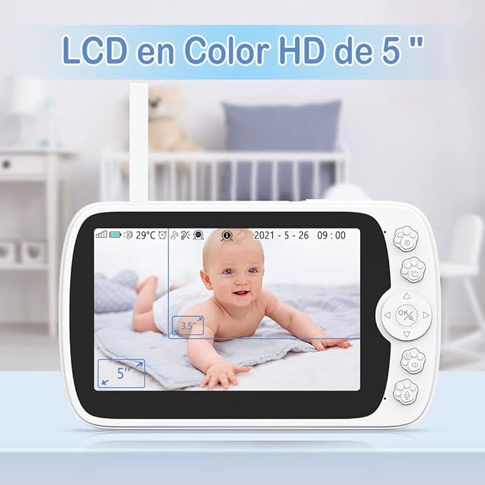 A EASYTAO Monitor Bebé 1080P, con 5'' HD Mostrar Video Monitor Remoto, Audio Bidireccional, Vigilancia de Temperatura, Canciones de Cuna, Visión Nocturna, Modo VOX.