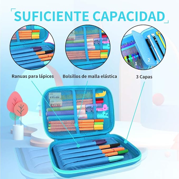 A Estuches para Lapices Lapiceros Bolsa para Bolígrafos Estuches para Plumones y Colores Lapiceras Estuches Escolares Portalápices Grande para Niña Niños (AZUL CLARO).