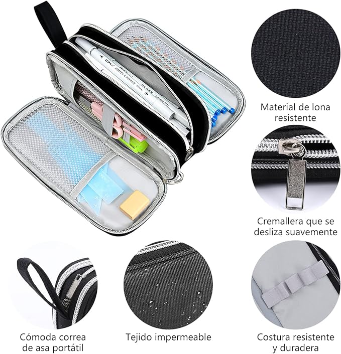 A Estuche para Lapices de Gran Capacidad, SHANDABULIU Estuche Lapicera Multifuncional con Tres Cremalleras, Estuche para Lapiceras Organizadoras Portátil, para Una Amplia Gama de Aplicaciones (Negro).