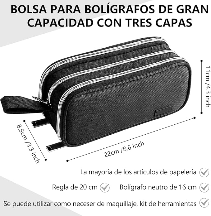A Estuche para Lapices de Gran Capacidad, SHANDABULIU Estuche Lapicera Multifuncional con Tres Cremalleras, Estuche para Lapiceras Organizadoras Portátil, para Una Amplia Gama de Aplicaciones (Negro).